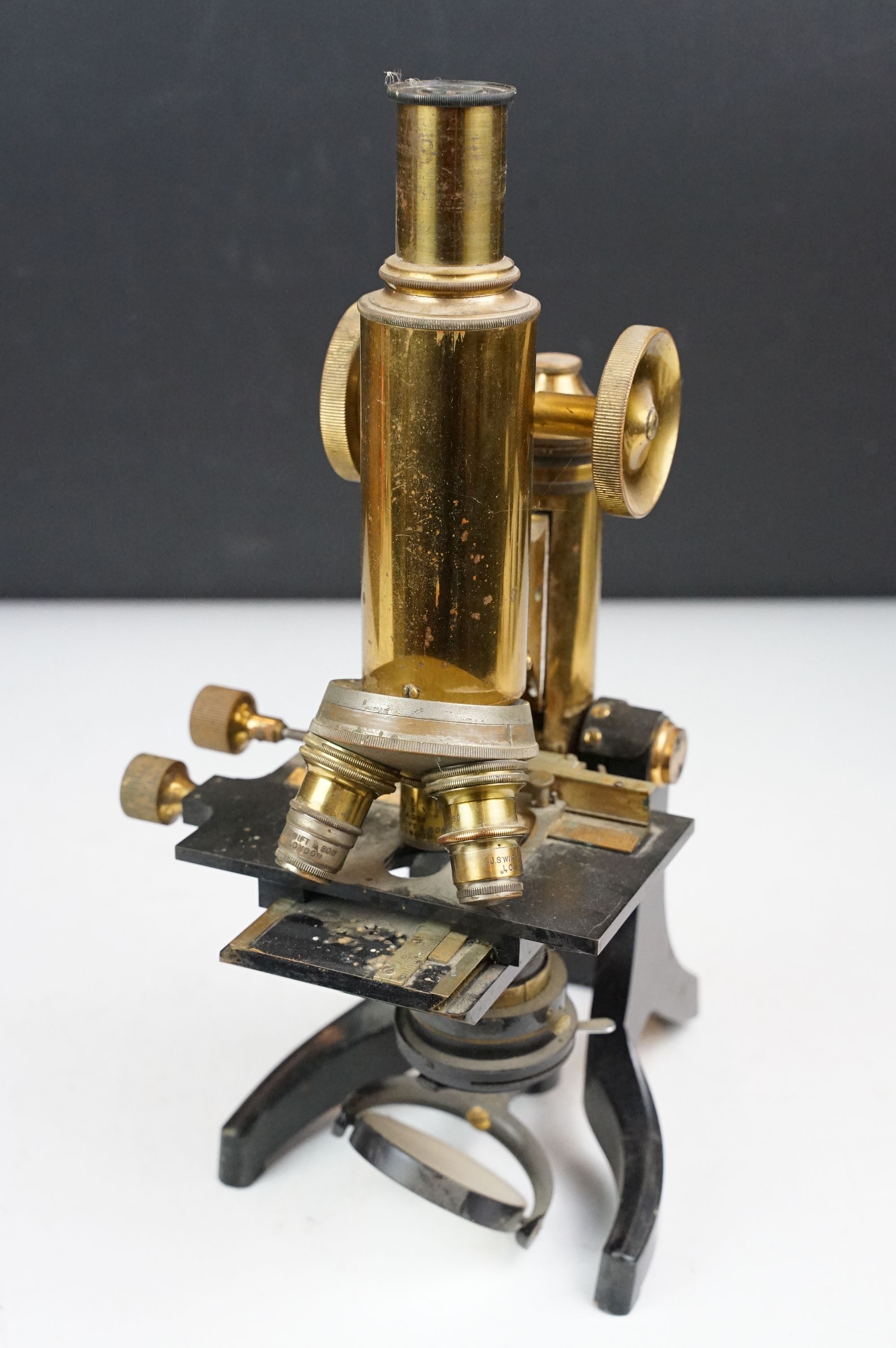 J. Swift & Son of London brass lacquered microscope, housed within a wooden carry case (missing - Image 8 of 11