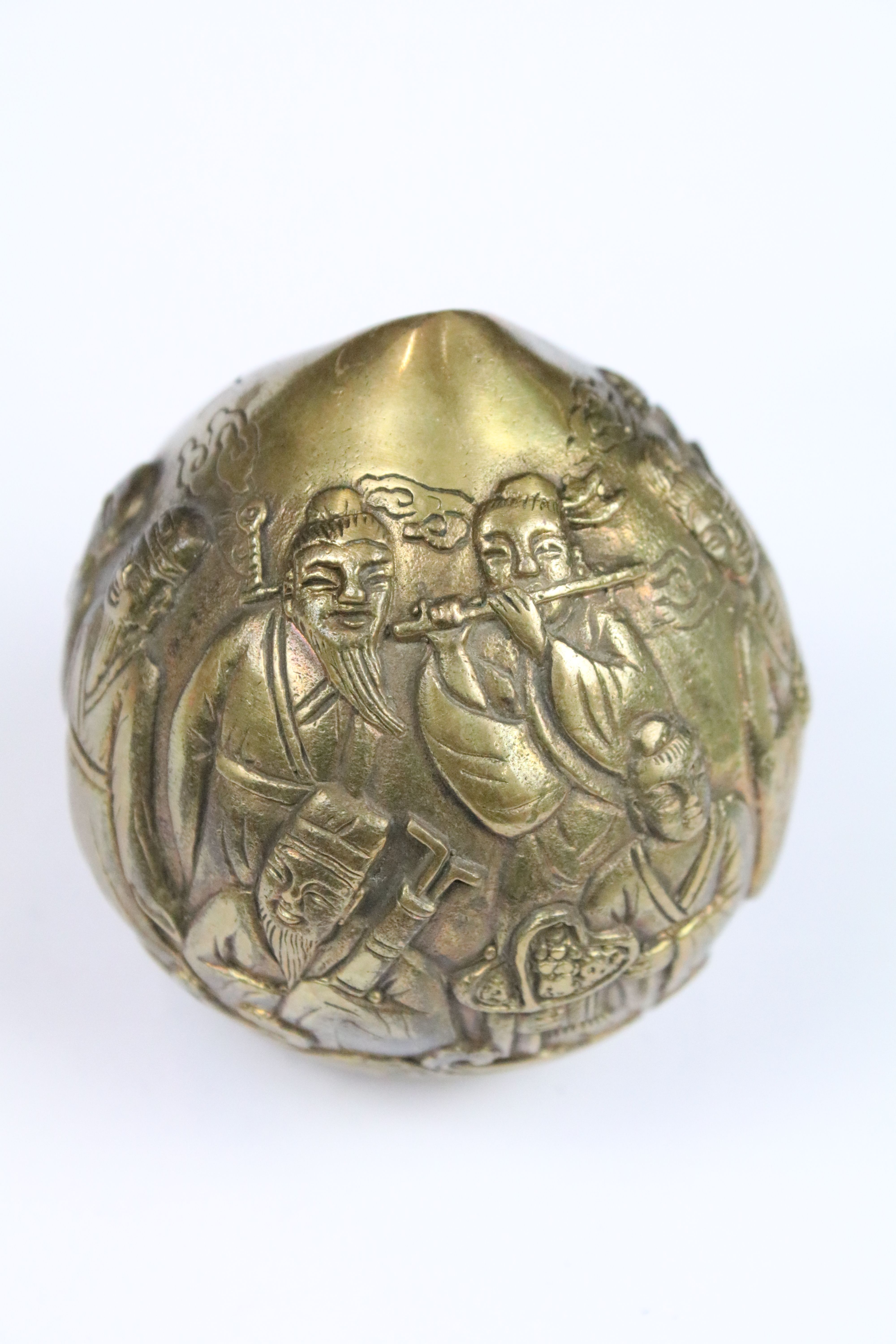 Chinese Cast Brass Longevity Peach decorated in relief with eight immortals, 7cm high together - Image 4 of 5