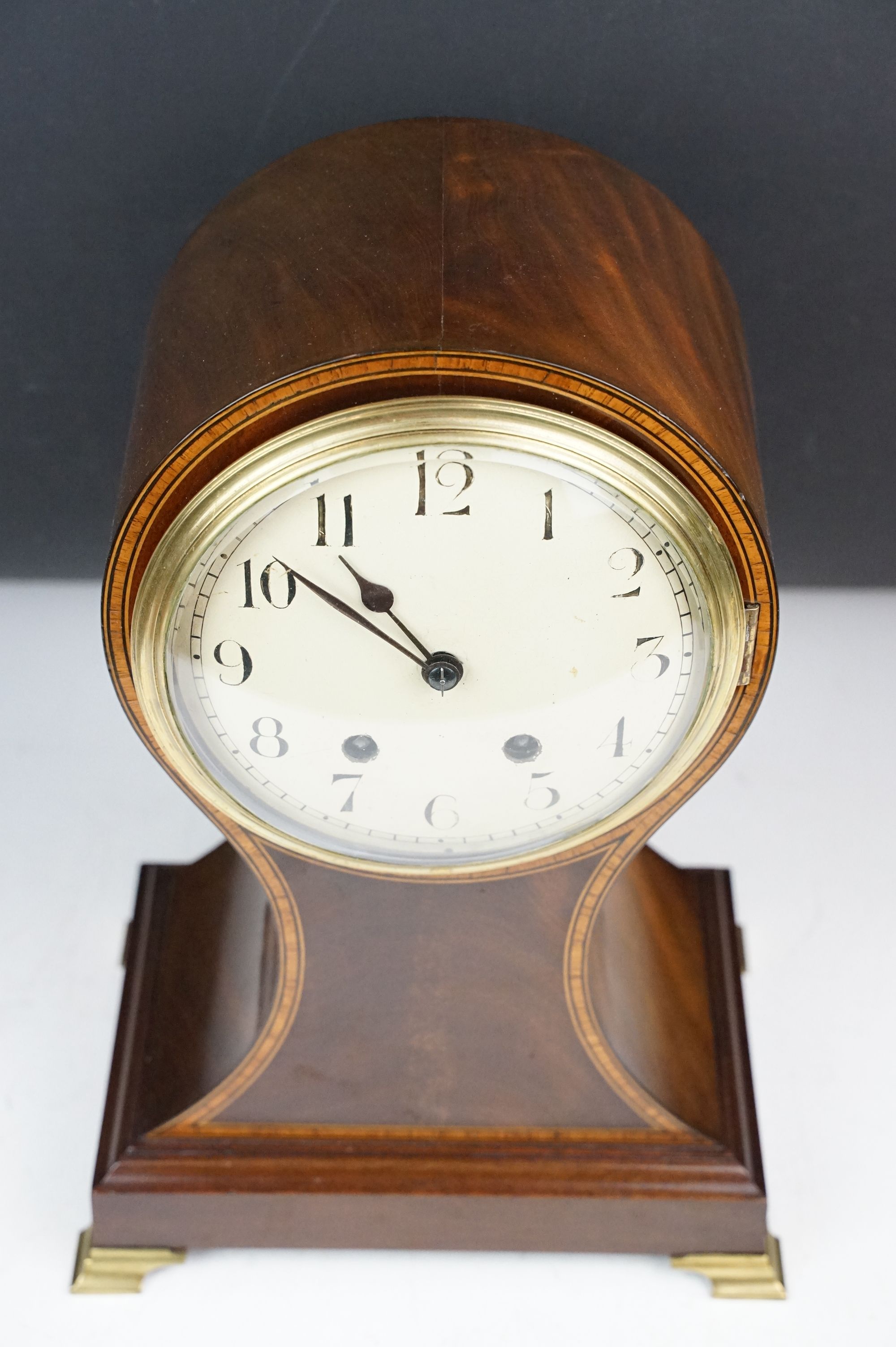 Early 20th century inlaid mahogany balloon form mantel clock, raised on four gilt metal bracket - Image 2 of 10
