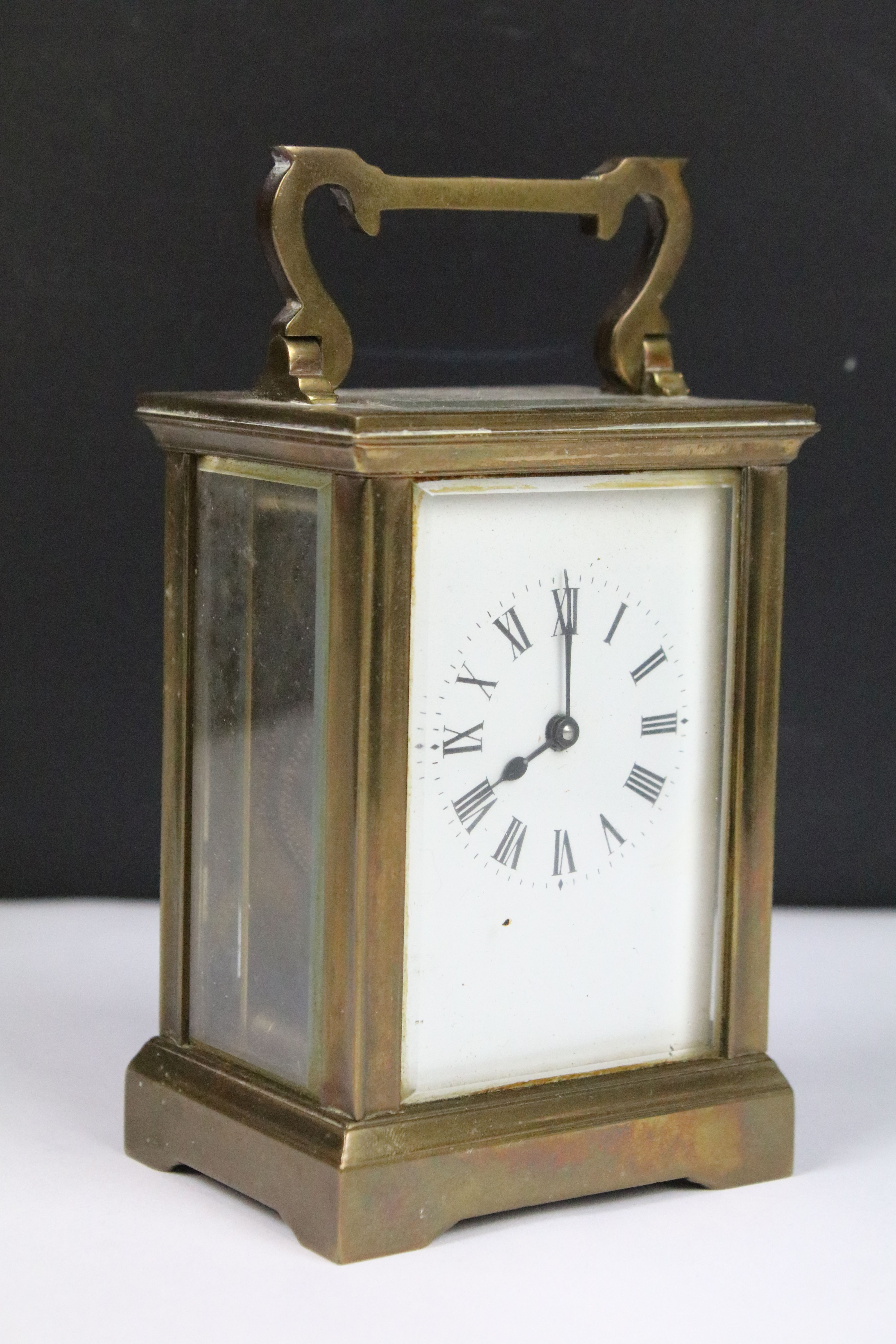 Two vintage brass cased carriage clocks with beveled glass panels and white enamel dials. - Image 5 of 8