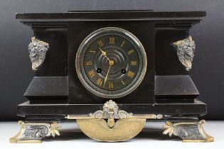 Victorian slate mantel clock the dial with brass roman numerals, the case with classical masks and