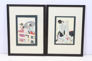 Pair of framed and glazed Japanese woodblock prints, portrait of a mother with infant, the other