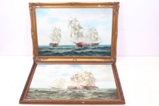Two oil on canvas by P Davis to include three ships battling at sea, signed lower right, 59 x