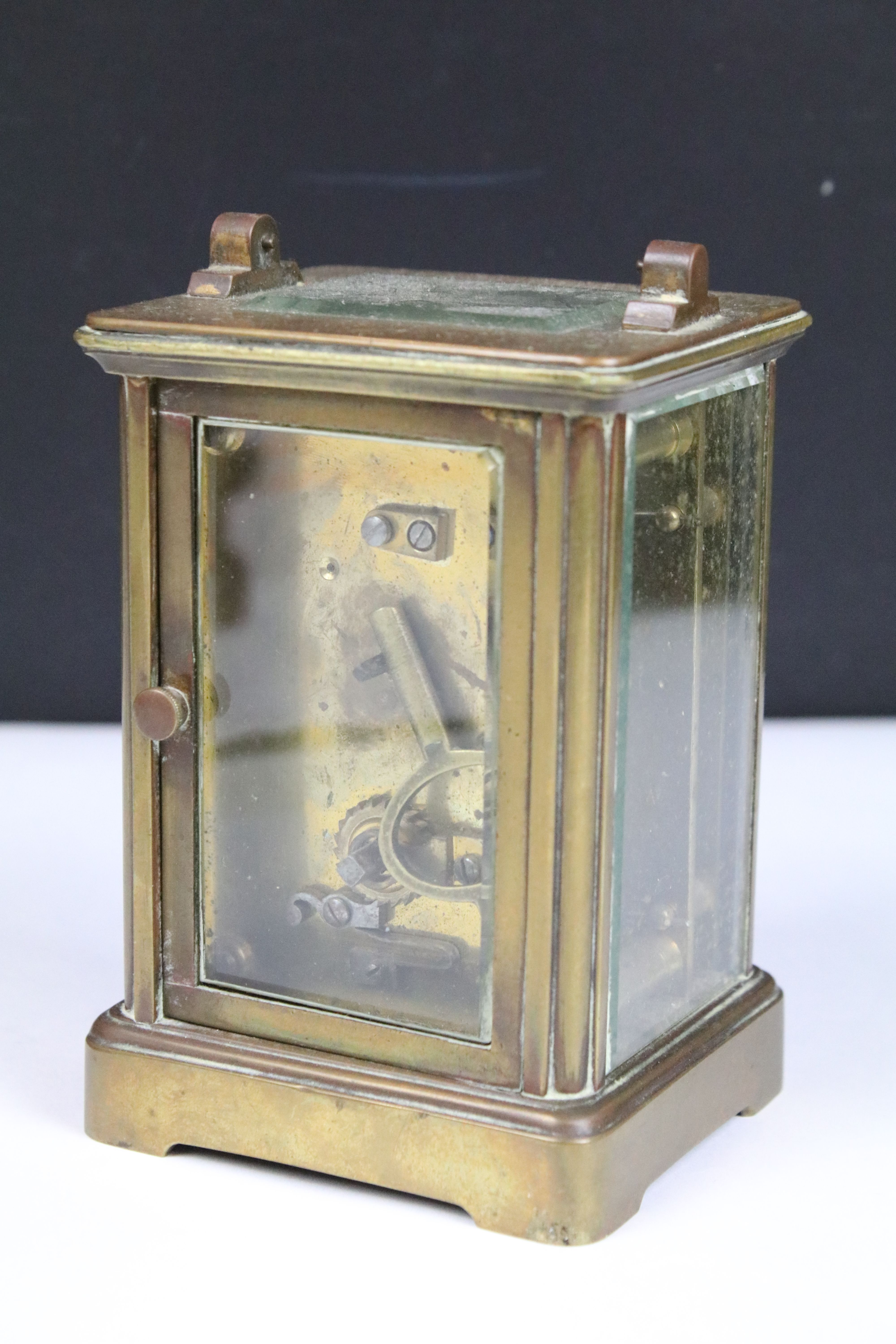Two vintage brass cased carriage clocks with beveled glass panels and white enamel dials. - Image 3 of 8