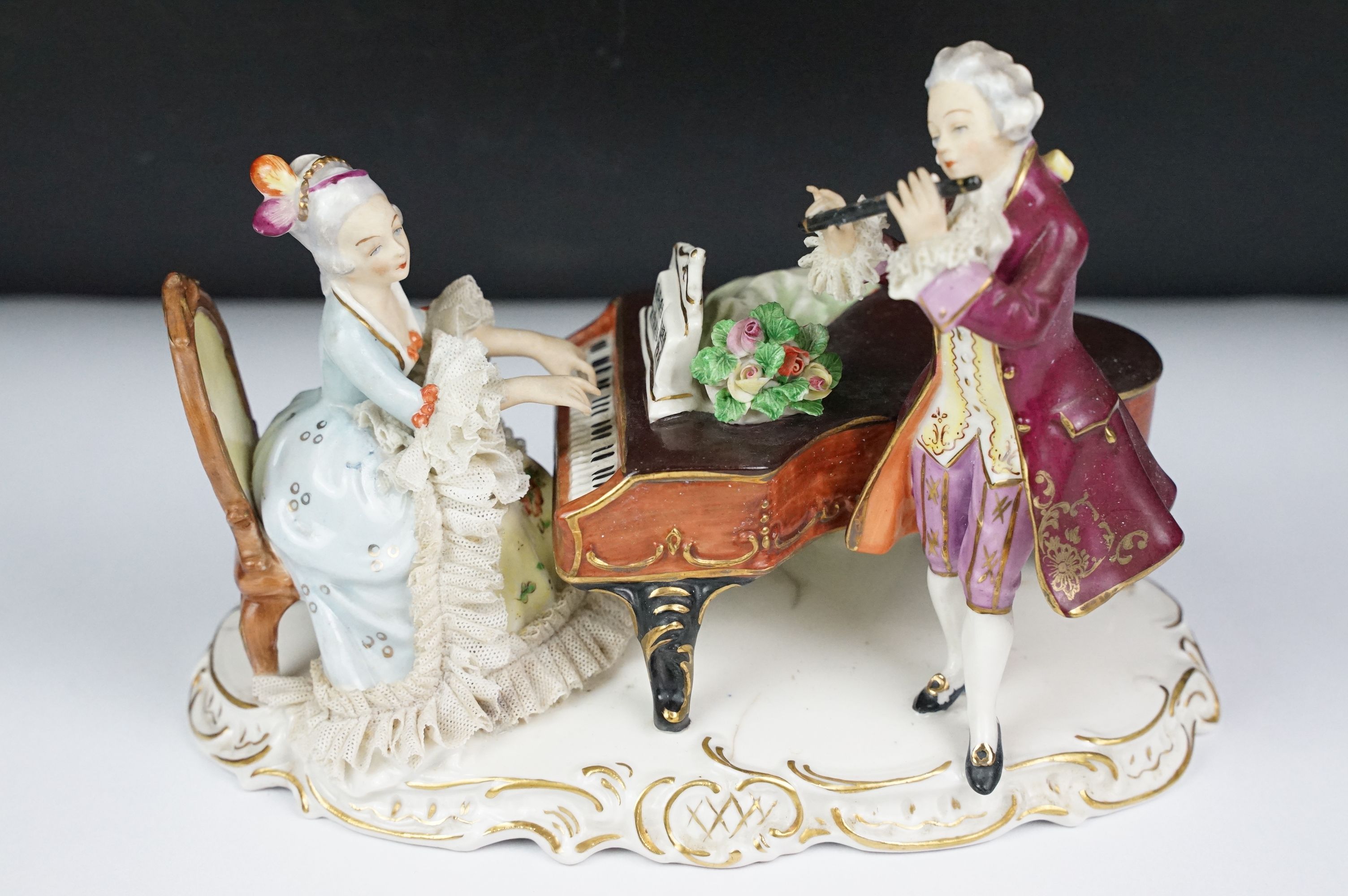 Dresden Alka figures scene, man playing the flute with a seated lady playing the piano, maker's mark - Image 3 of 9