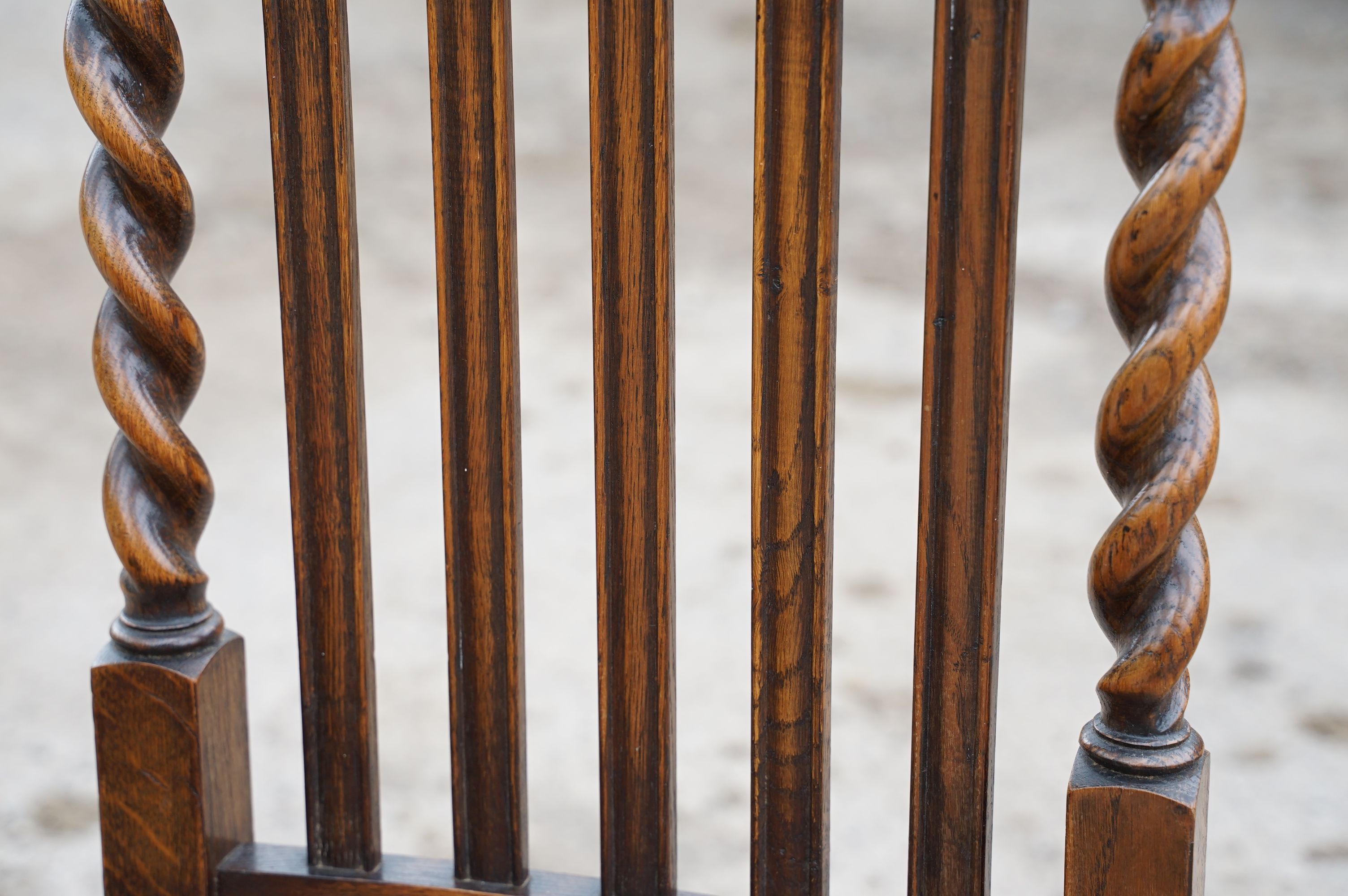 Set of four oak dining chairs with barley twist supports and carved crown details to backs, with - Image 7 of 9