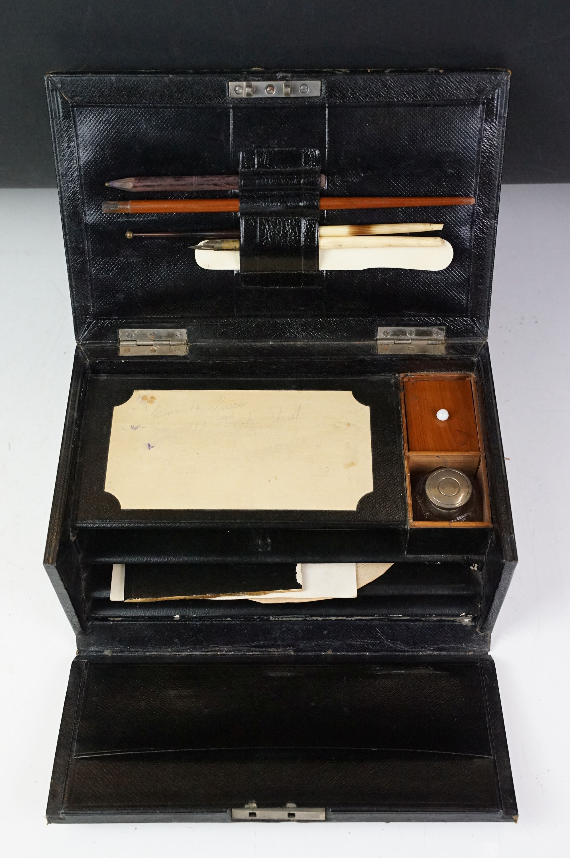 Late 19th / early 20th century leather clad stationery box, the contents to include dip pen, - Image 2 of 7