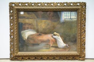 Victorian oil on board of a young child praying at the foot of her bed, 25 x 35cm, framed