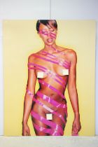 Model Naomi Campbell wrapped in pink ribbon, photographic print on metal panel, 154 x 121.5cm