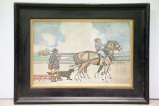 Early 20th century watercolour of a rural scene with man & horse ploughing, hunter with gun dog,