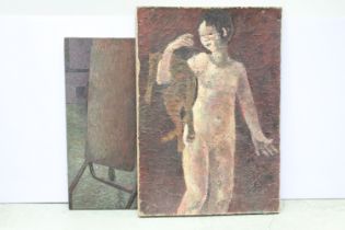 Impressionist school, nude seated before a mirror, oil on canvas, double sided with reclining nude