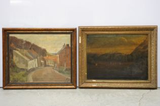 Mid century French oil painting on canvas of a village street scene, signed lower right Eugene ??,