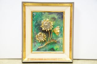 Gilt metal and mineral specimen sunflower study mounted onto an oil on board, signed lower right and