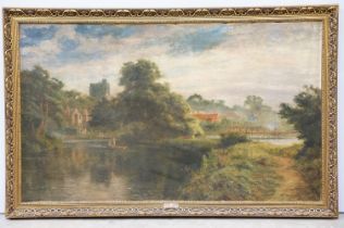 English School, rural river scene with figures and boats on the water, oil on canvas, indistinctly