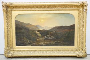 Scottish school, stream scene with loch beyond, oil on canvas, 37 x 67cm, gilt framed