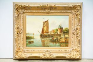 I Van Brough, Dutch River, oil on panel, signed lower right, title inscribed verso and label for The