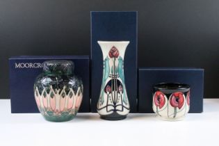 Three Moorcroft vases to include a Cinco pattern small planter vase, Talwin pattern vase and a Cluny