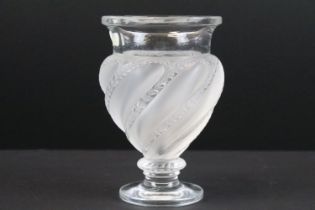 Lalique Ermenonville glass vase of urn form having a frosted twist design body with moulded floral