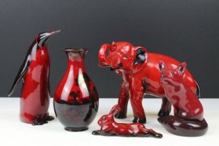 Group of Royal Doulton flambé, five pieces, to include baluster vase, penguin, elephant, fox & hare.