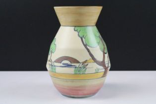Clarice Cliff - Gloria Bridge - A shape 360 vase circa 1930, hand painted with a stylised river