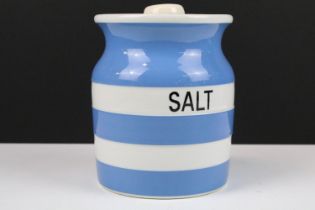 T G Green Cornishware Blue and White ' Salt ' Storage Jar and Lid, black shield mark to base, 16cm