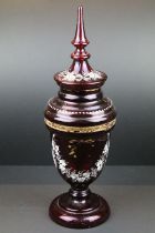 19th century Bohemian ruby red glass jar & cover with gilt and white leaf decoration, 48cm high