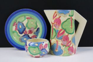 1920s Clarice Cliff Art Deco Chintz pattern ceramics to include an angular jug with hand painted