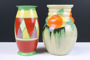 Two Clarice Cliff vases to include a Delecia Peaches vase with ribbed neck (no. 358) and a