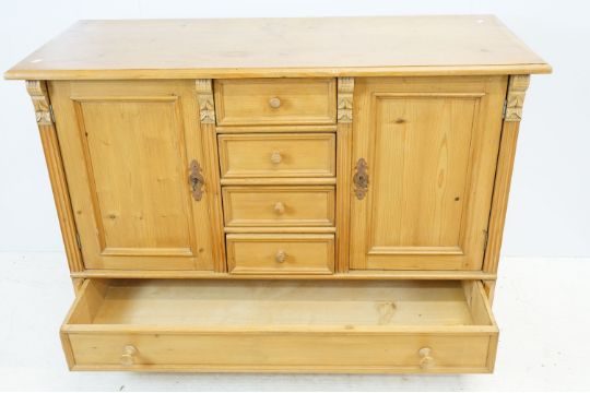 Continental style carved pine sideboard, with an arrangement of two cupboards, four short drawers - Image 6 of 11