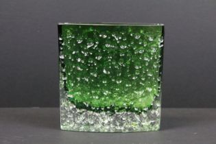 Whitefriars mid Century green glass nailhead vase of curved square shape. Measures 11.5 x 11cm wide.