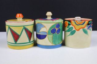 Three Clarice Cliff cylindrical preserve jars to include original bizarre pattern, Melon Pastel