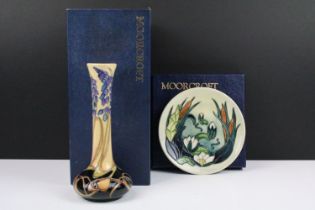 Moorcroft Bluebells pattern vase (dated 2014) within original box, together with a Bulrush pattern