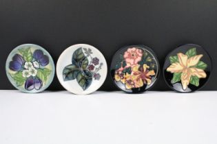 Four Moorcroft dishes all with tube lined floral details including Oberon, plumb, Sea Bindweed,