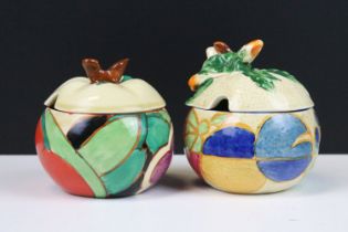 Two Clarice Cliff Fantasque preserve jars to include a Melon Pastel pattern jar and a Gardenia