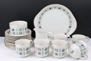 Royal Doulton tapestry pattern tea set to include six cups and saucers, sugar bowl, jug, and side