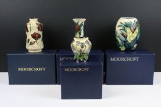 Group of Moorcroft ceramics to include two Lamia pattern vases, Chocolate cosmos vase and Hepatica