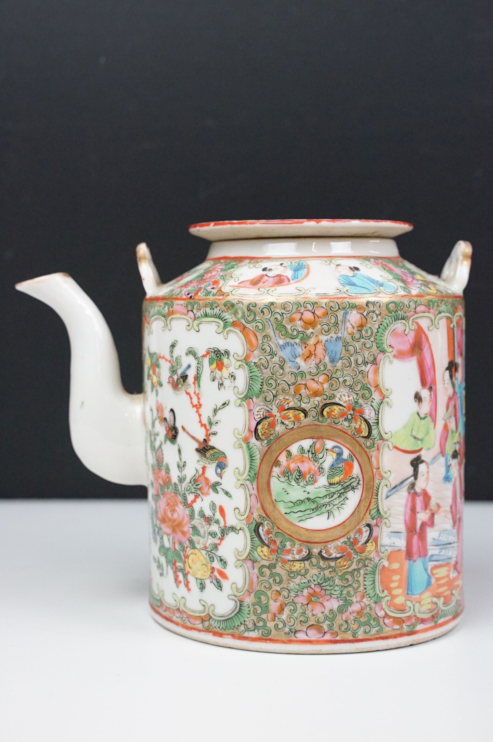 Chinese Famille Rose Cantonese teapot & cover, decorated with figural & floral panels (approx 16cm - Image 2 of 13