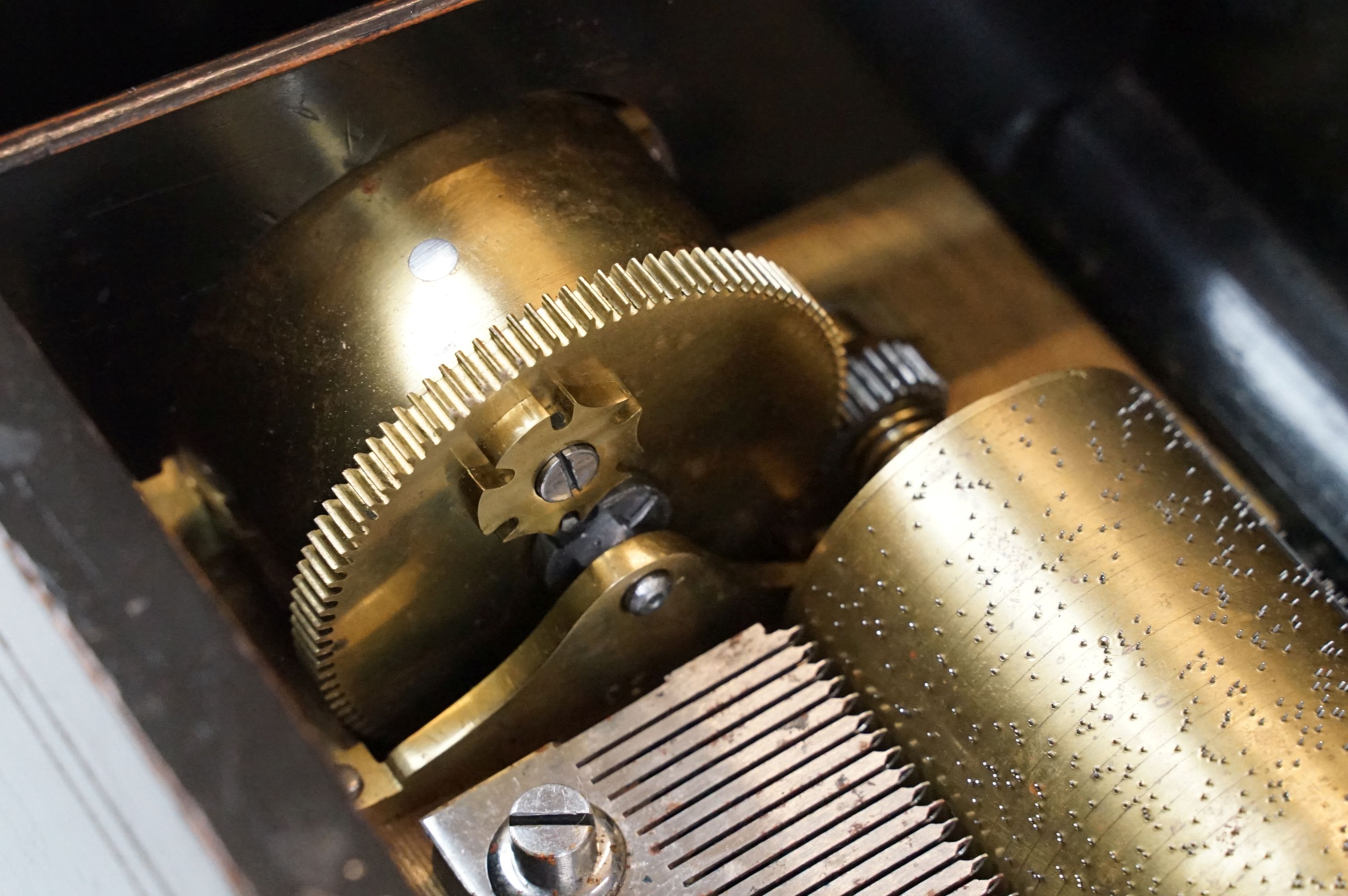 19th Century Swiss cylinder music box, the marquetry inlaid lid opening to a brass cylinder ( - Image 5 of 10