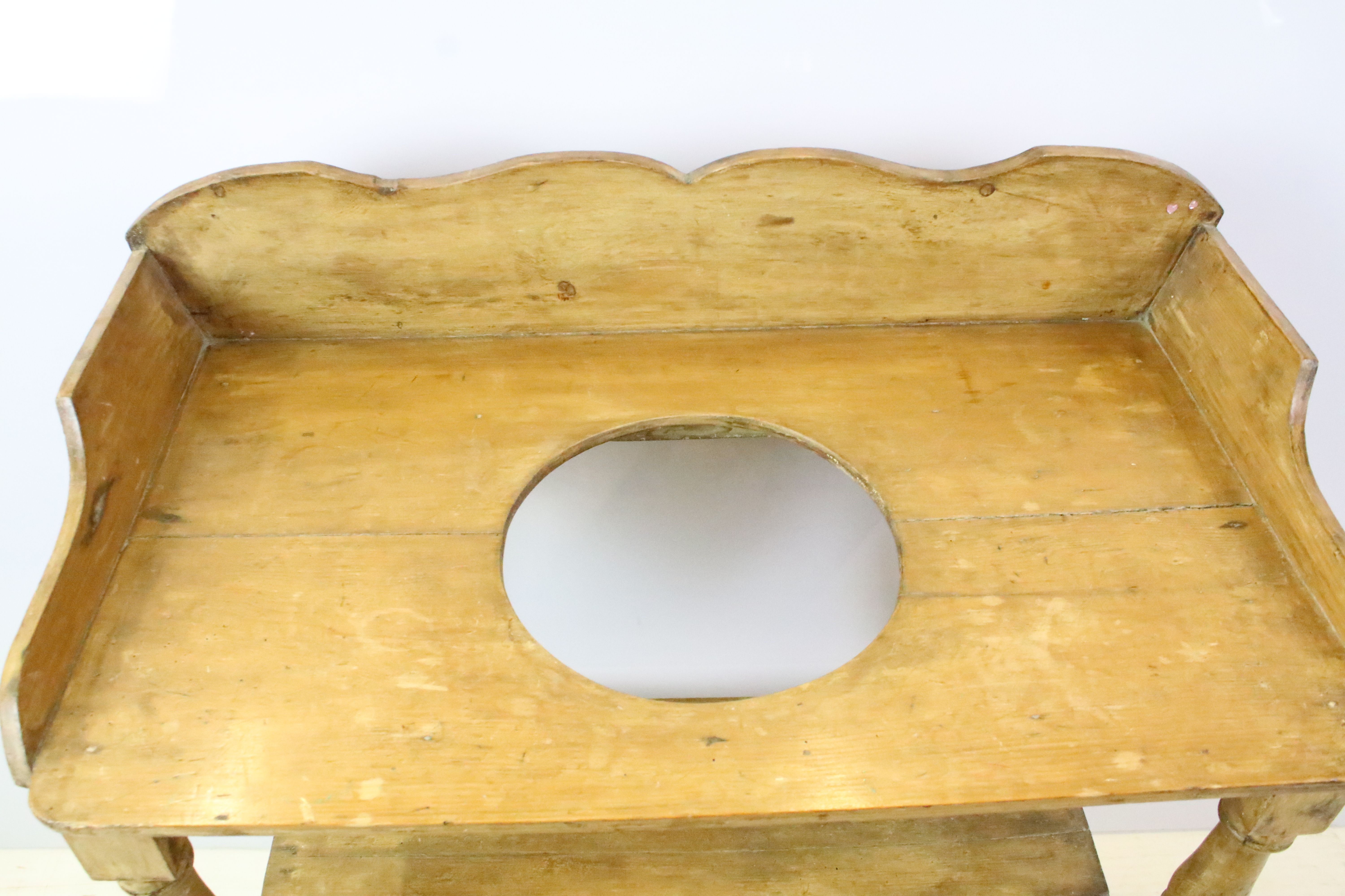 Late 19th century pine washstand, with scalloped galleried back, above lower tier with drawer on - Image 3 of 7