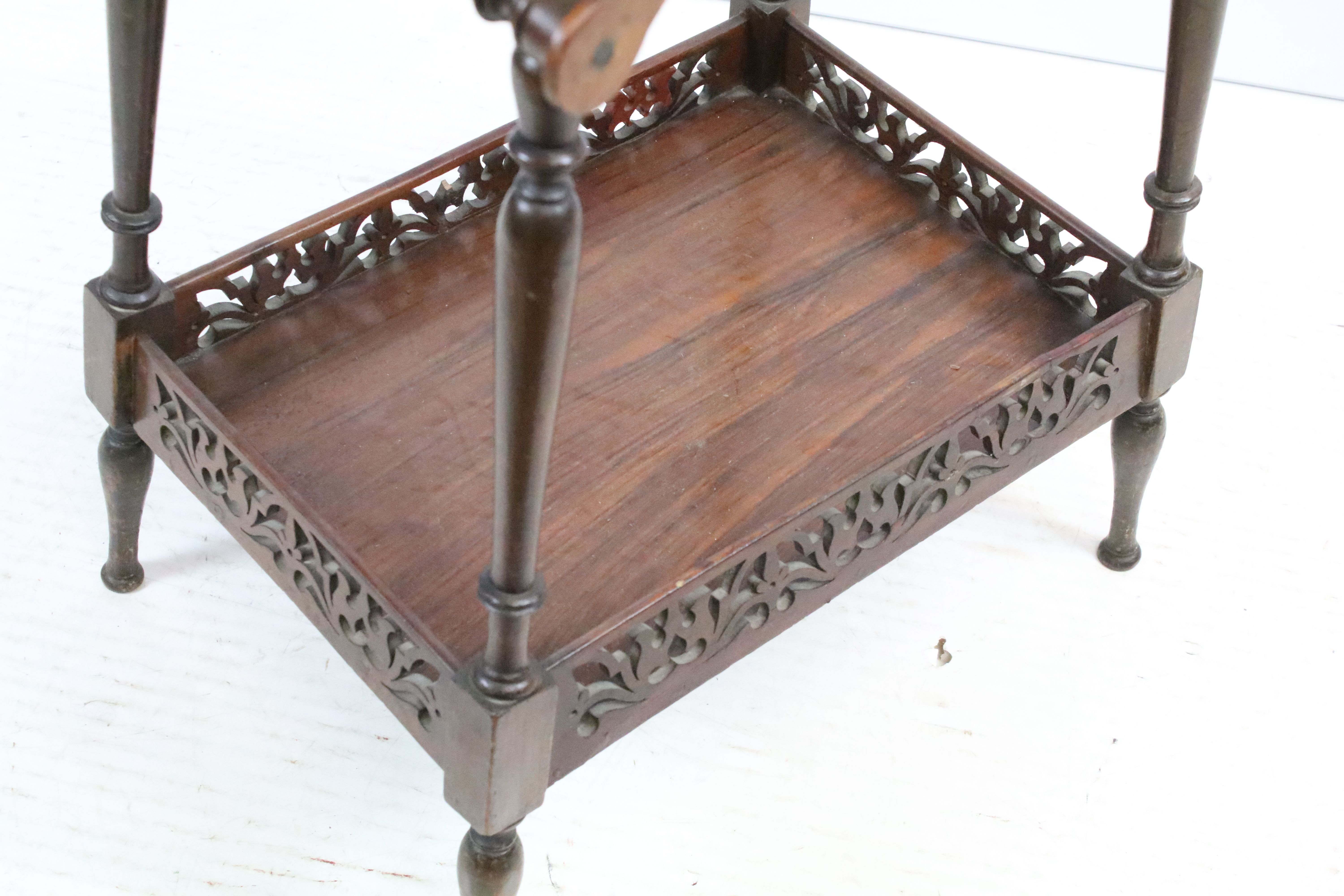 Victorian walnut and rosewood sewing box on stand, with carved swing handle above pierced - Image 6 of 7