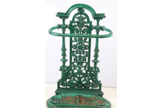 Green painted cast iron stick stand with pierced scrolling classical design, approx 70cm tall - Image 3 of 8