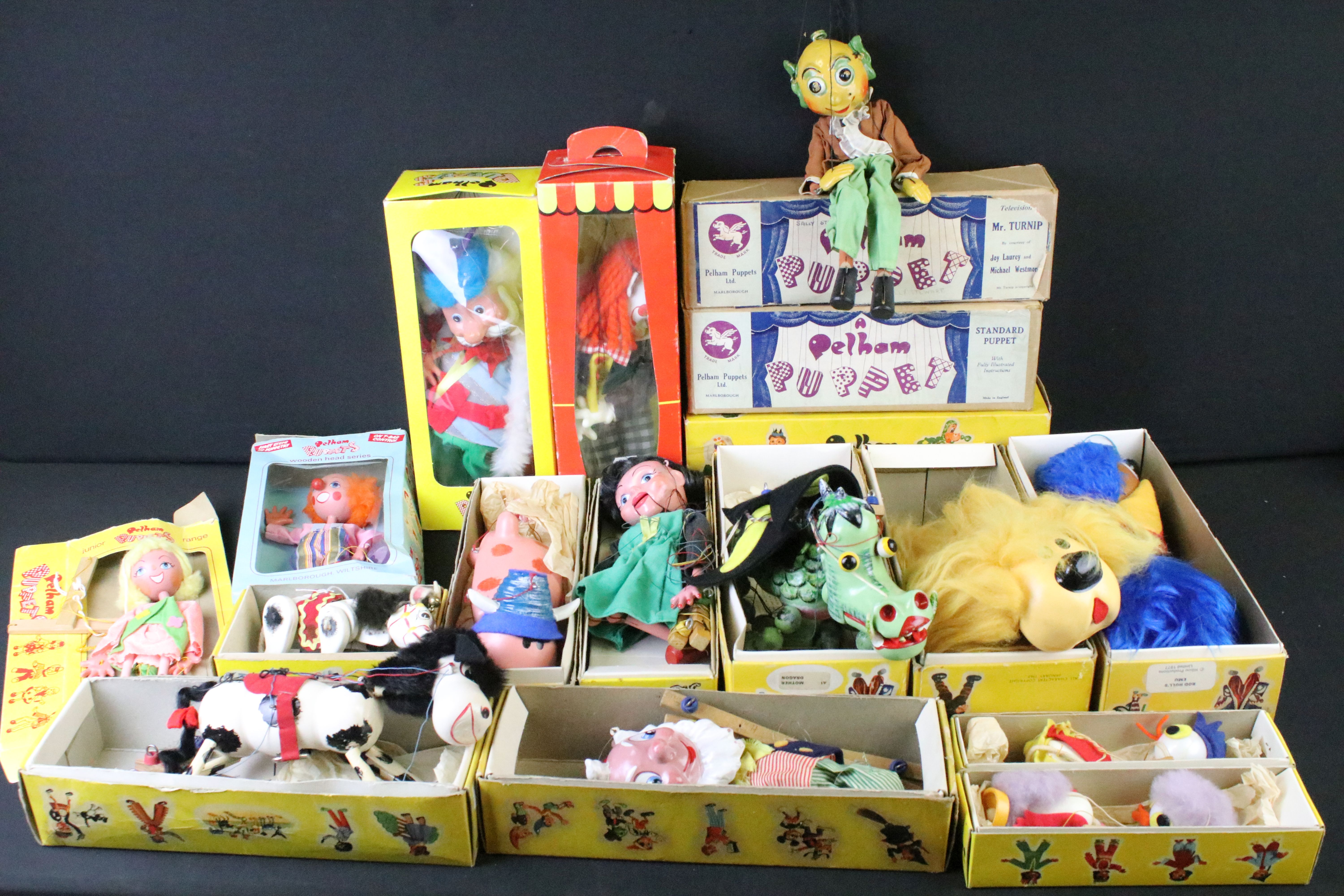 17 Boxed Pelham Puppets featuring King, 2 x Dougal, Rod Hull's Emu, Ermintrude, Pony, Mr Turnip,