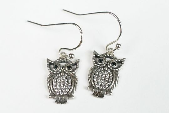 Pair of owl drop earrings set with white and black stones. Measures 2.5cm. - Image 1 of 3