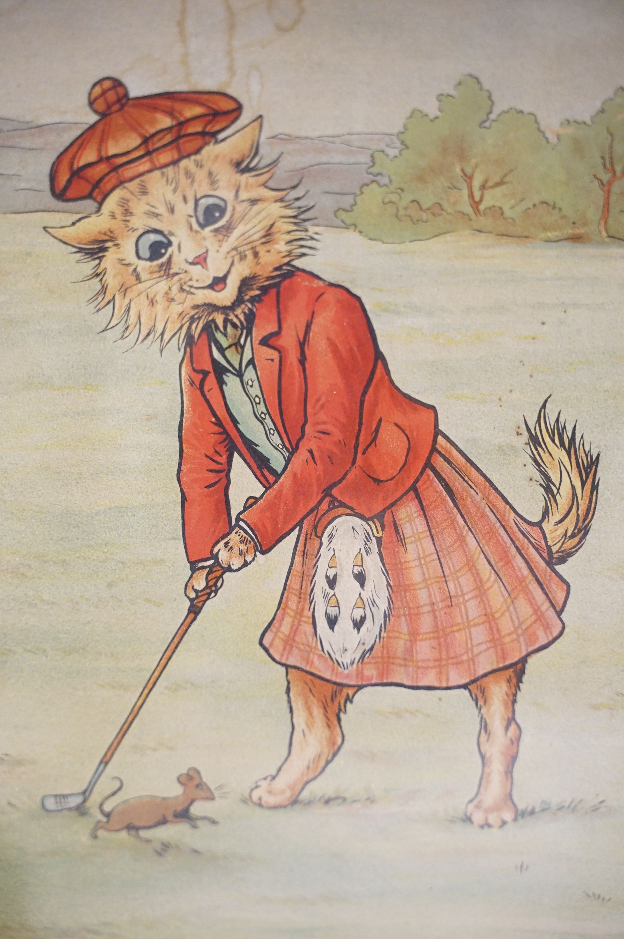 Louis Wain (1860 - 1939), humorous cartoon depicting cats playing golf, chromolithograph, ebonized - Image 3 of 8