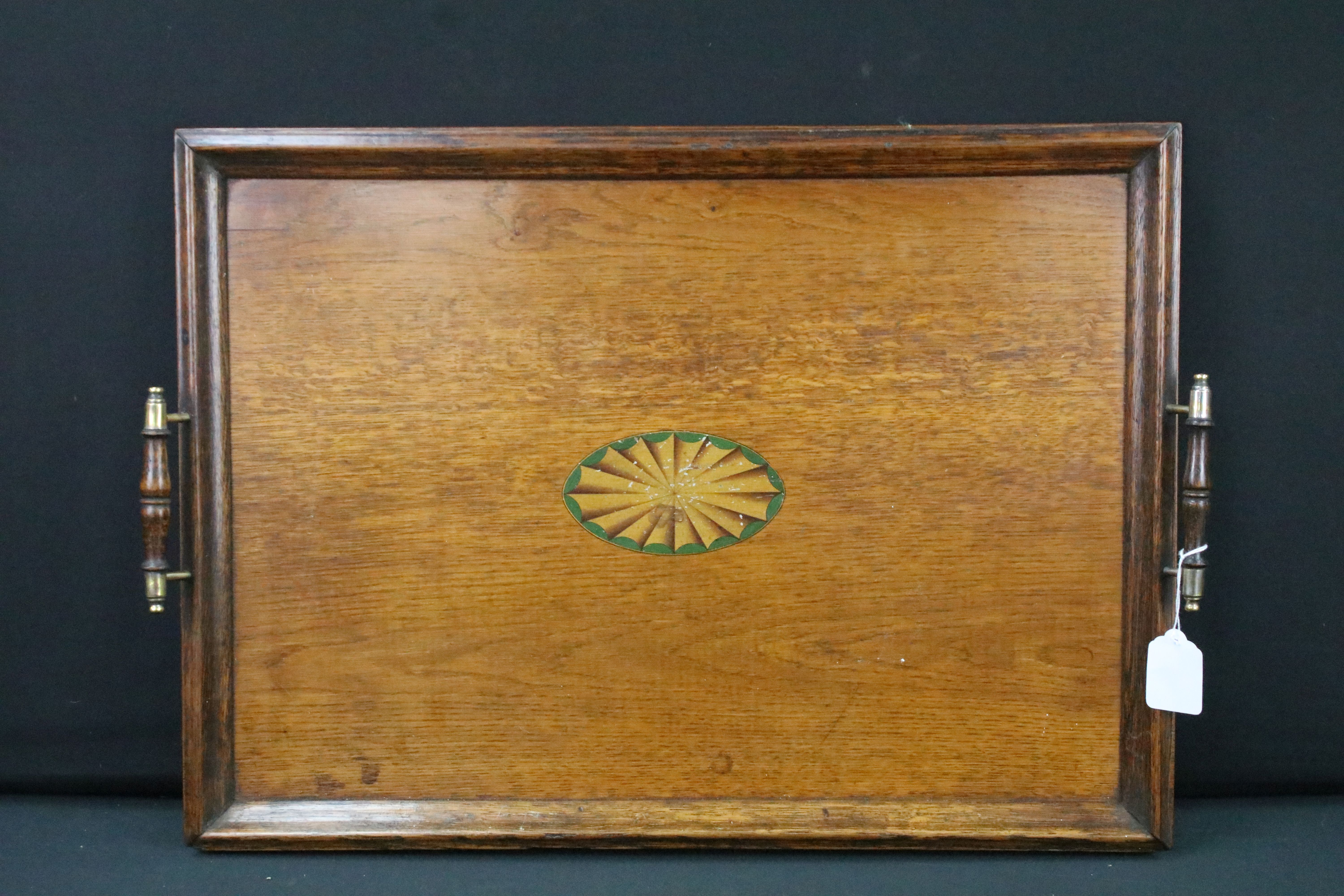 Assortment of items to include an Edwardian oak tray, Edwardian inlaid tray, Tiffany style - Image 7 of 10