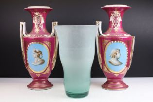 Pair of John Vogt, New York/ Paris/ Limoges, urn style double handled vases with roman stylised