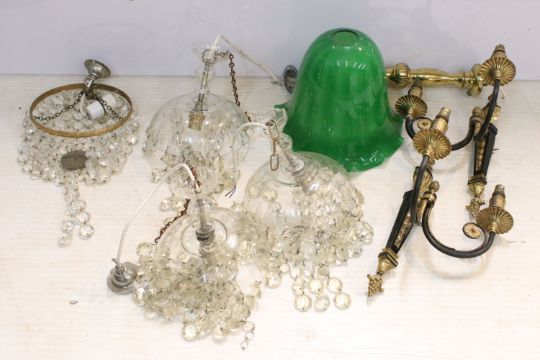 Selection of light shades and fittings to include bag chandelier with glass droplets, pair of - Image 1 of 6