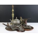 Assortment of mixed metalware to include copper skillet, dish, ladle cups, brass bell shape embossed