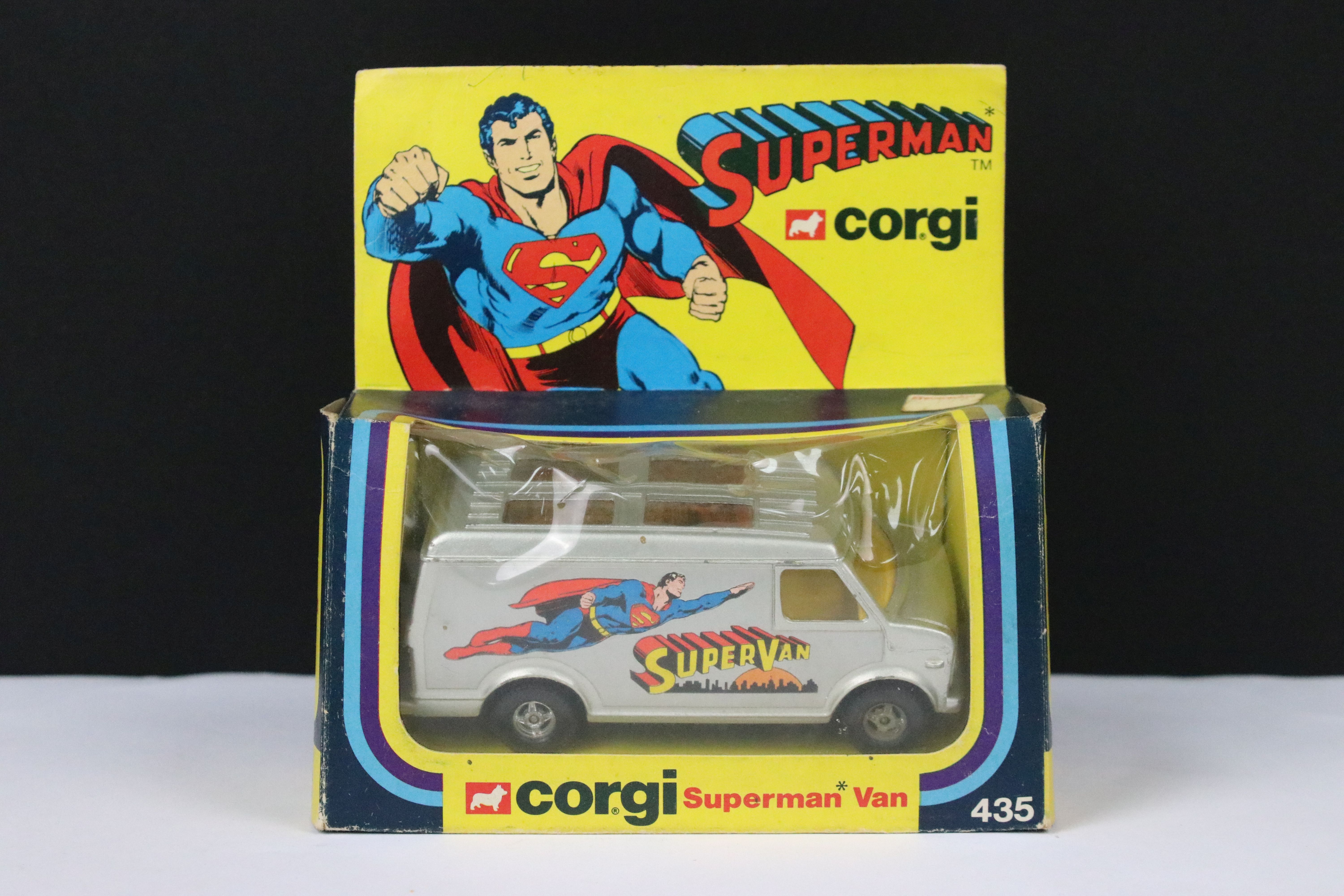 Boxed Corgi 435 Superman Van diecast model, diecast vg with some paint chips, decals vg, box gd with