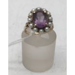 Ladies Edwardian period Amethyst and seed pearl ring, set in 9ct gold size M 4.7 grams